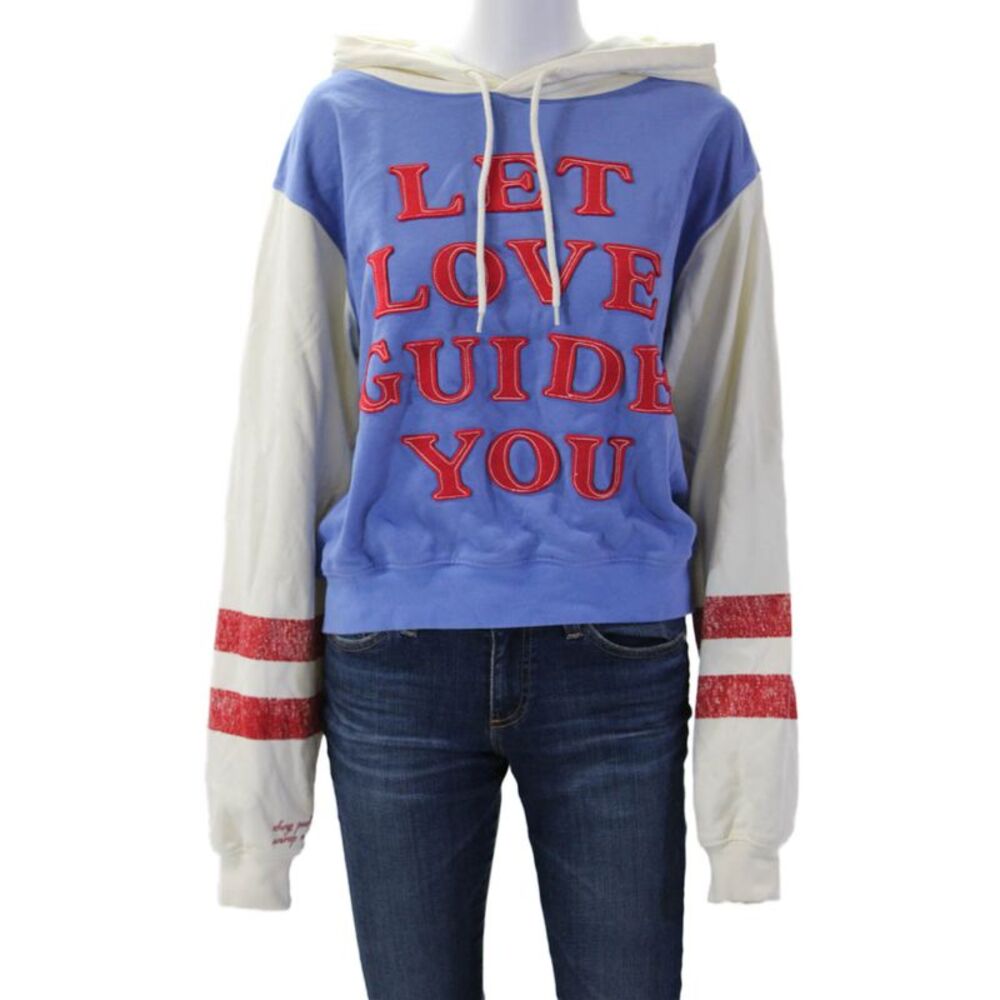 Mayfair Women Pullover Hoodie Blue Drawstring Graphic Love Long Sleeve Size M